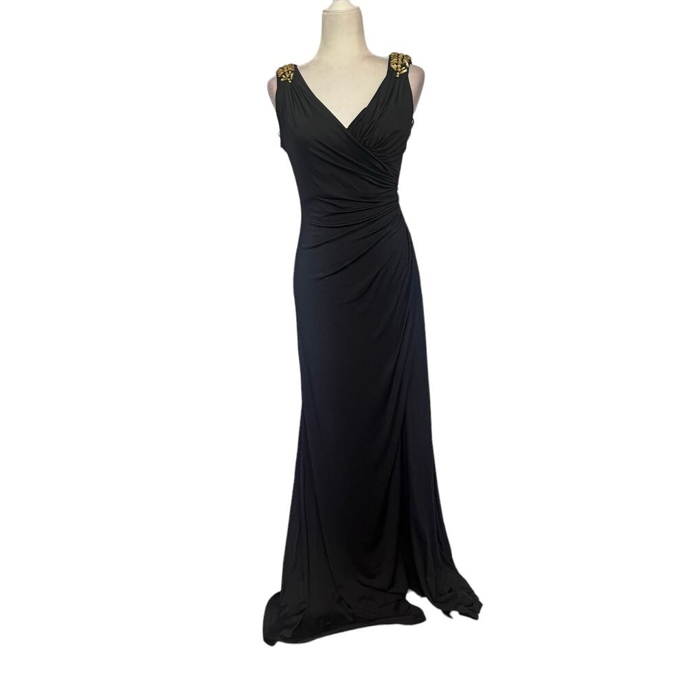 Camille La Vie Beaded Floor Length Gown Sz 6 Black Back Cowl Witchy Glam Goth